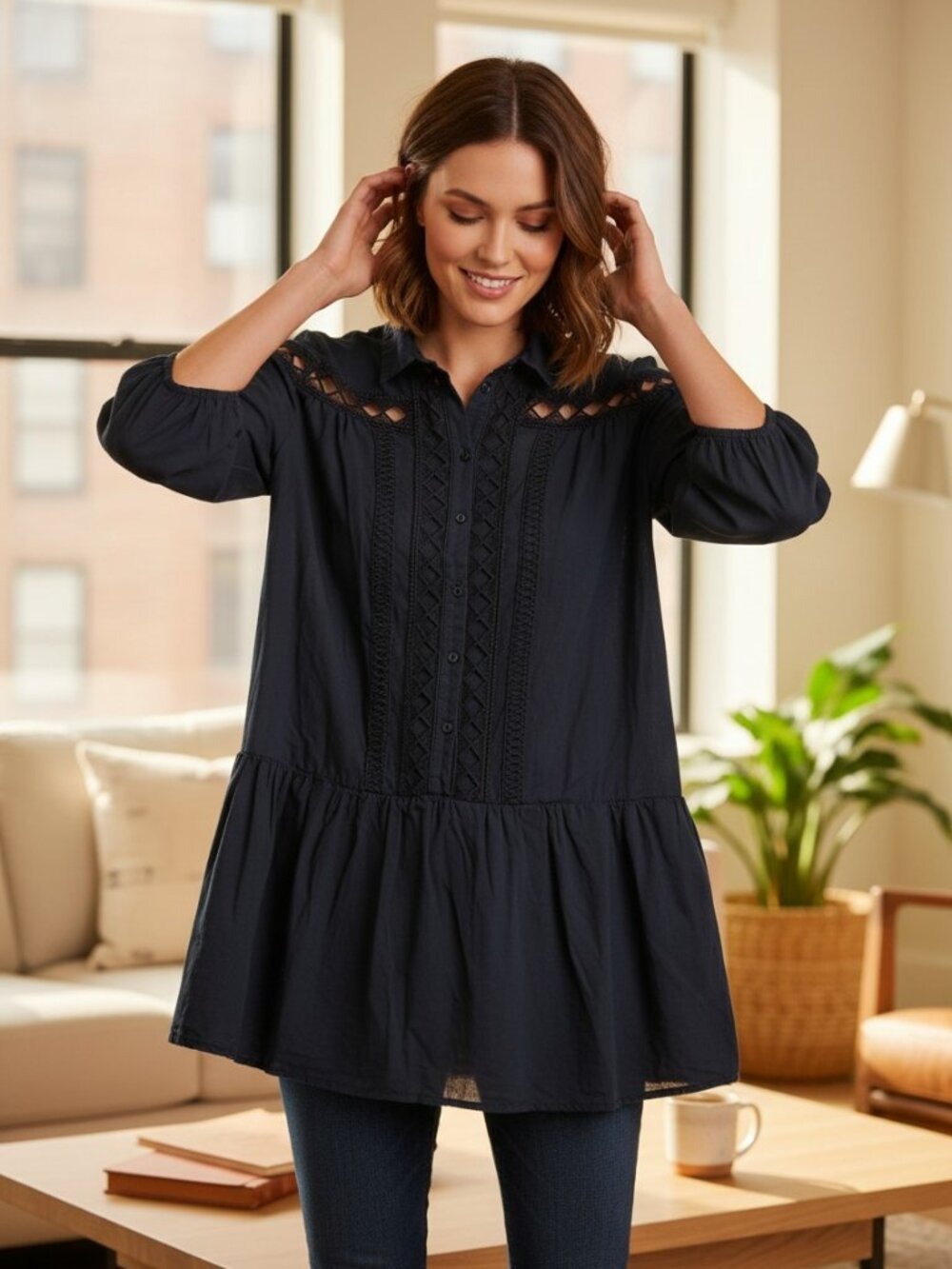 Zara Black Lace Inset Peasant Blouse Size Large Boho Sheer Tunic Top